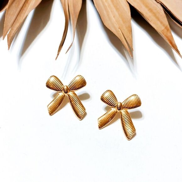 Textured gold bow earrings #1024 - Picture 2 of 5
